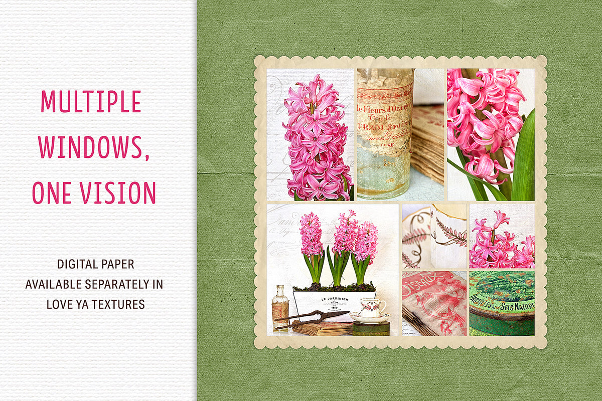 A vintage-style, scalloped digital Frame with multi-panes. Shown with different angles of a floral and vintage still life. Photos by Leslie Nicole 