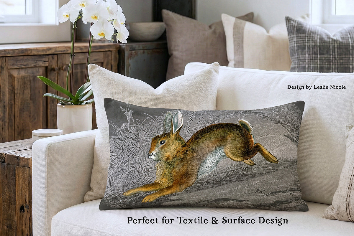 Vintage Rabbit engraving illustration graphic shown on a decorative throw pillow.