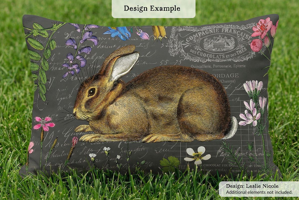 Decorative pillow with our rabbit illustration graphic on a vintage-style background, placed on grass.