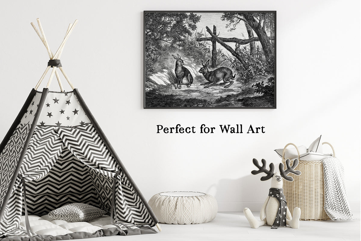 Vintage French woodland bunny rabbit line art shown as wall art in a modern children's room.