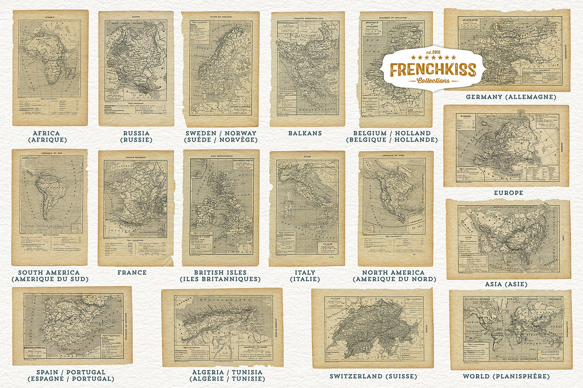 1901 Vintage French Maps of the world digital graphics pages.