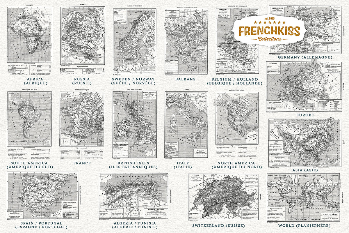 1901 Vintage French Maps of the world digital graphics overlays.