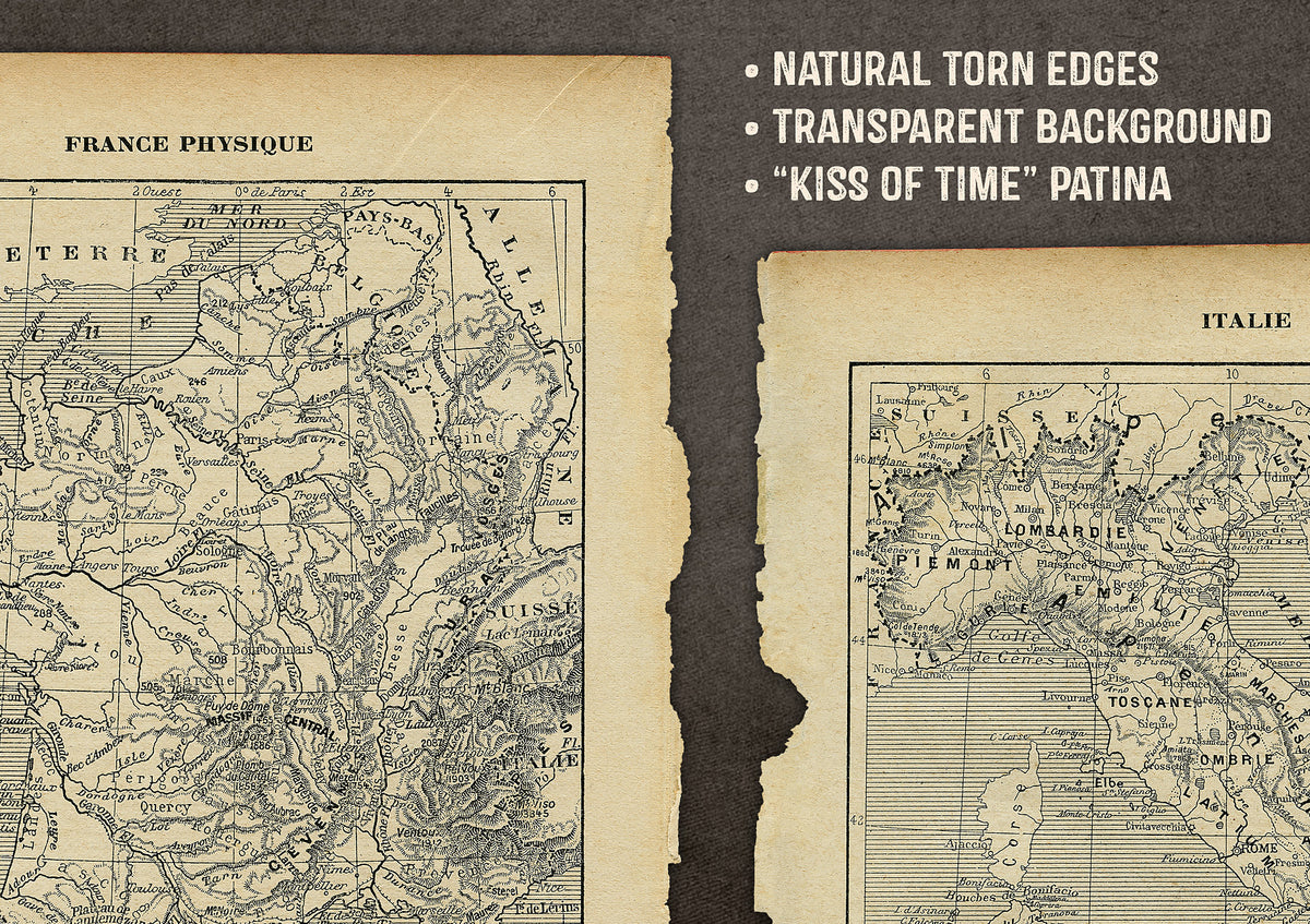 Vintage French Map digital papers with torn edges .png files.