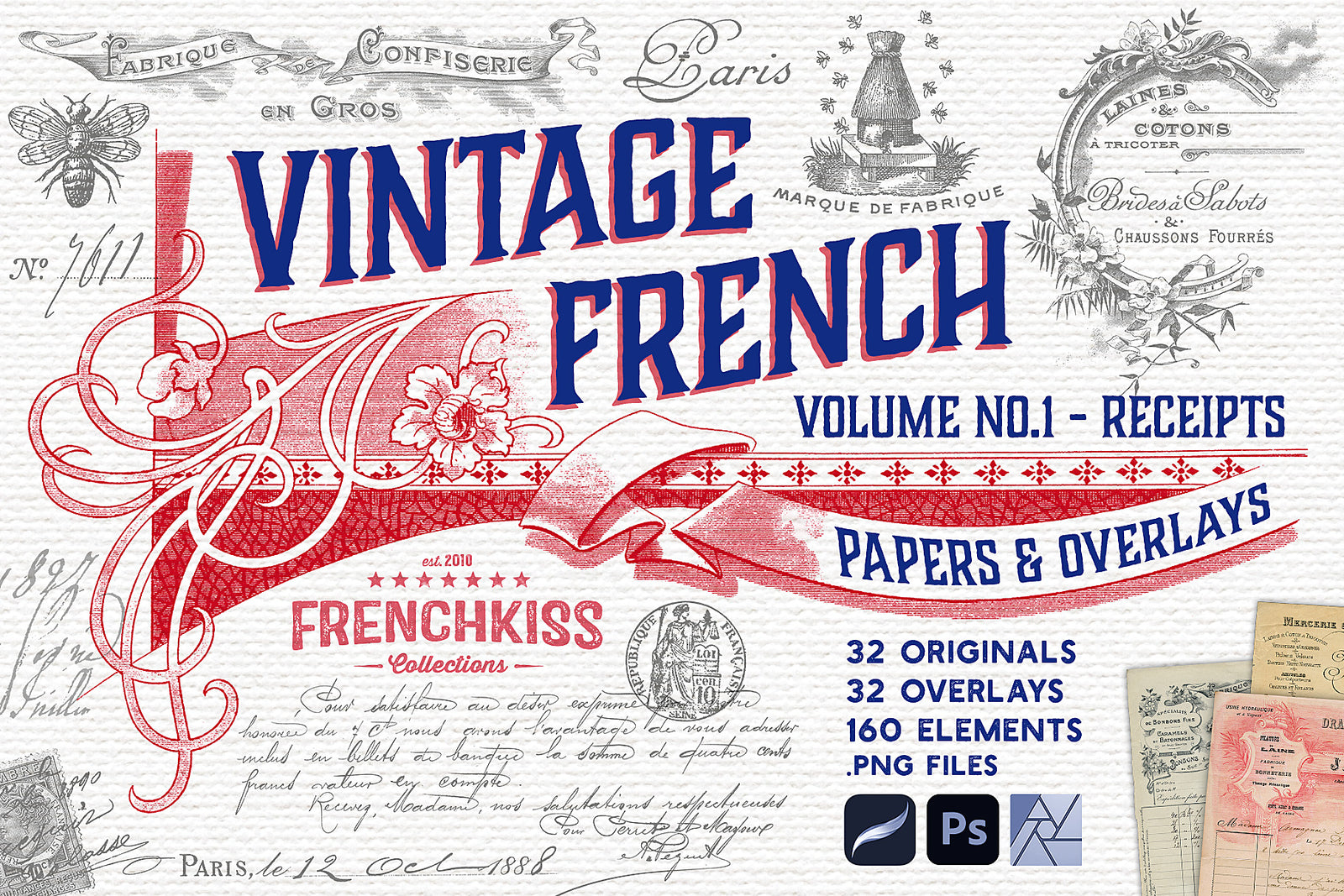 Vintage French Papers, Overlays and design elements.
