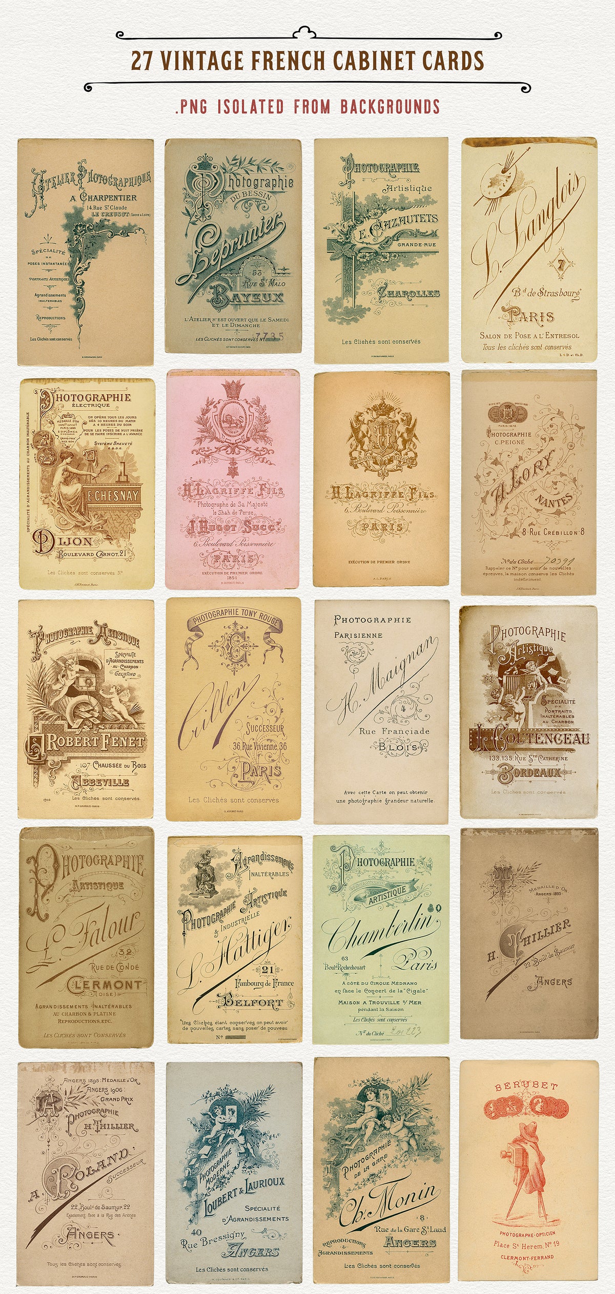 27 vintage French ephemera  photo studio cabinet cards digital graphics - part 1.
