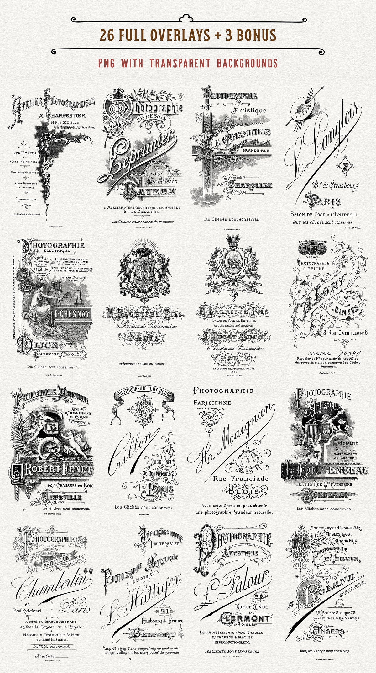 26 transparent overlays of French ephemera photo studio cabinet cards. Part 1.