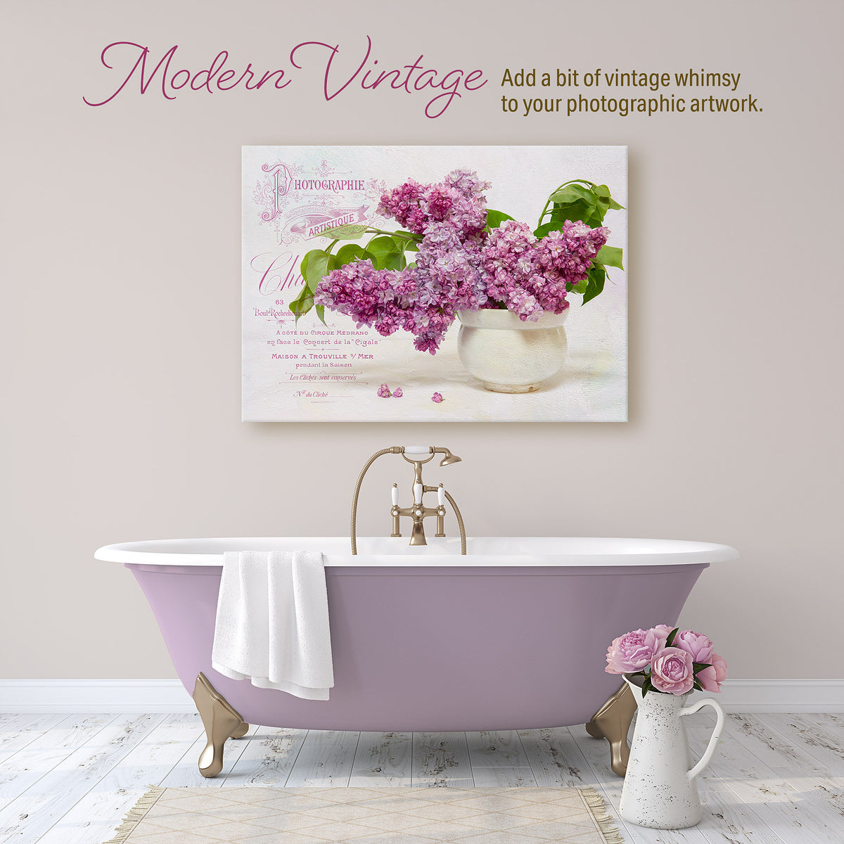 Modern Vintage photograph of lilac with vintage French overlay using the Vintage French Photo Studio collection.