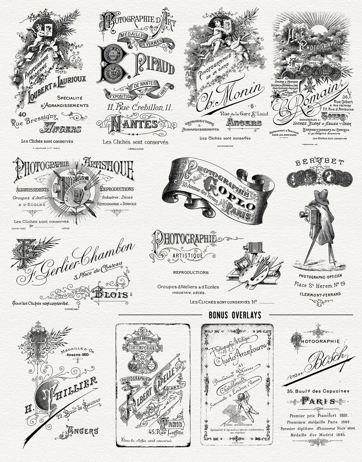 26 transparent overlays of French ephemera photo studio cabinet cards. Part 2.