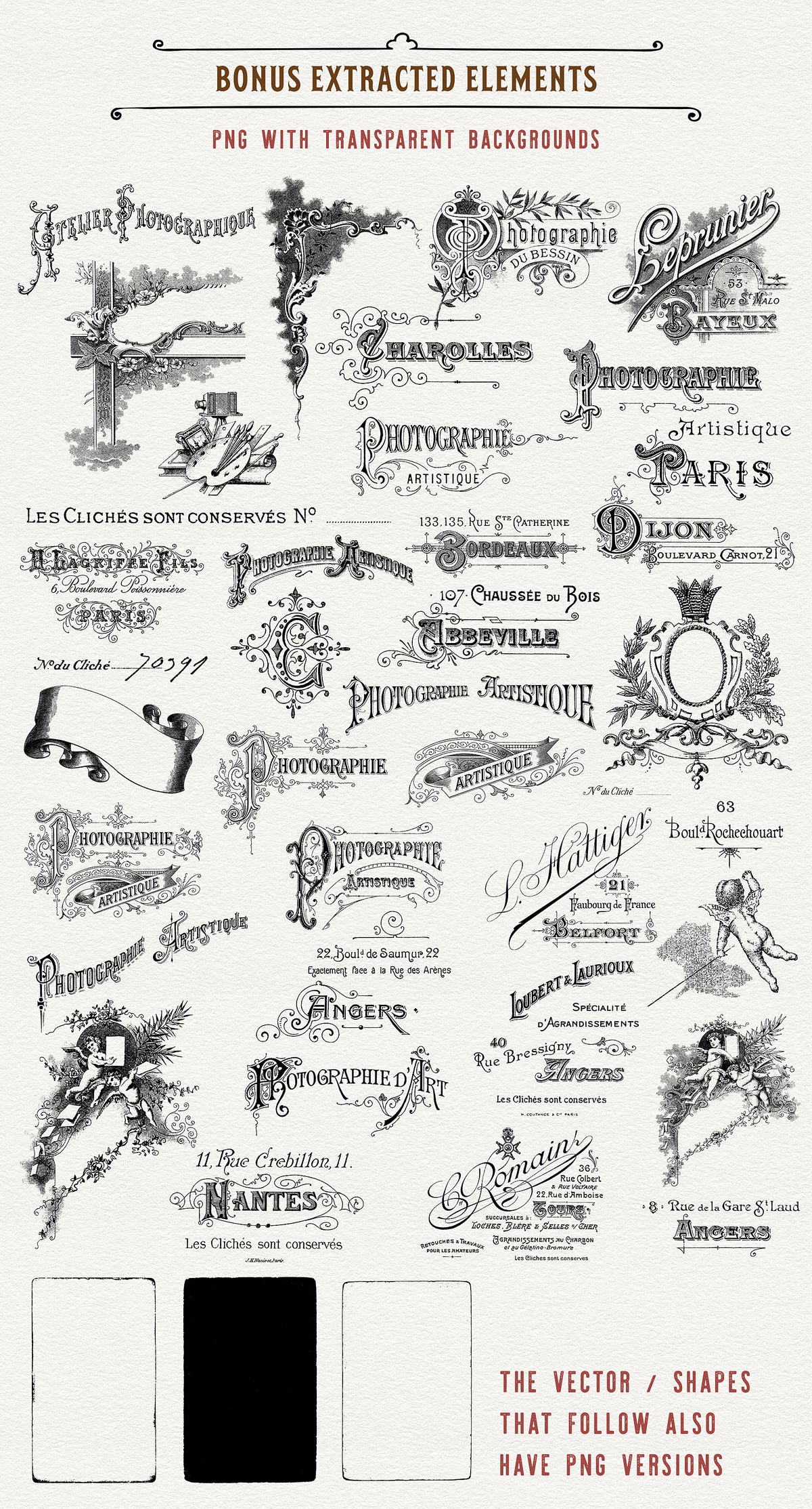 Bonus extracted elements from the vintage French photo studio overlays.