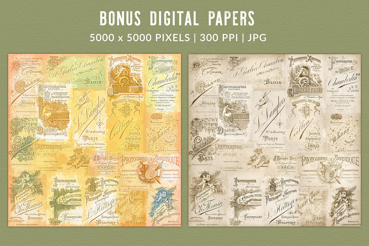2 Bonus Digital Papers using the vintage French cabinet cards.