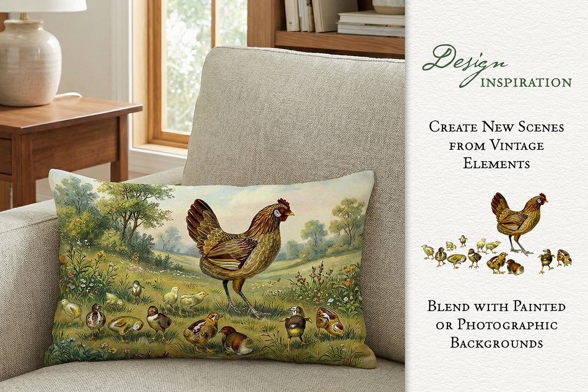 Decorative pillow on a couch showing a design combining a vintage chicken and hens illustration with a painted background.