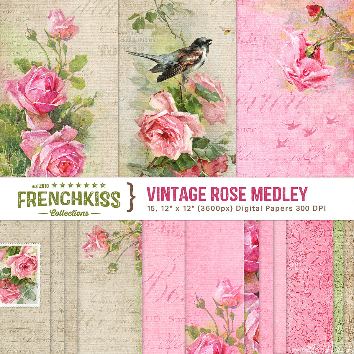 A lovely digital paper collection featuring vintage illustrations of roses and a bird on a rose bush. Vintage French design elements and elegant textures.