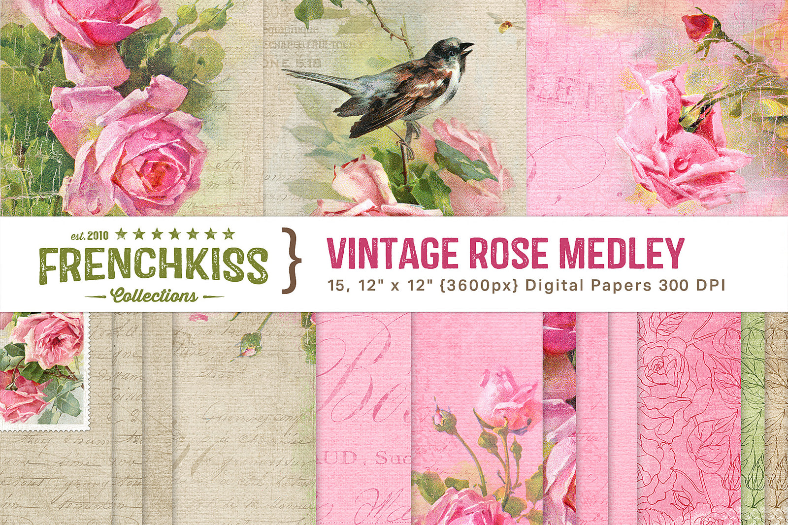A lovely digital paper collection featuring vintage illustrations of roses and a bird on a rose bush. Vintage French design elements and elegant textures.