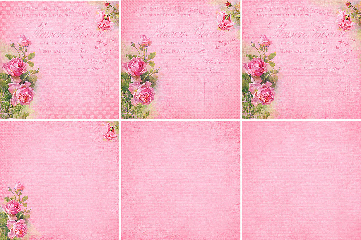6 digital papers with Roses on a gorgeous rose-colored background with Vintage French details.
