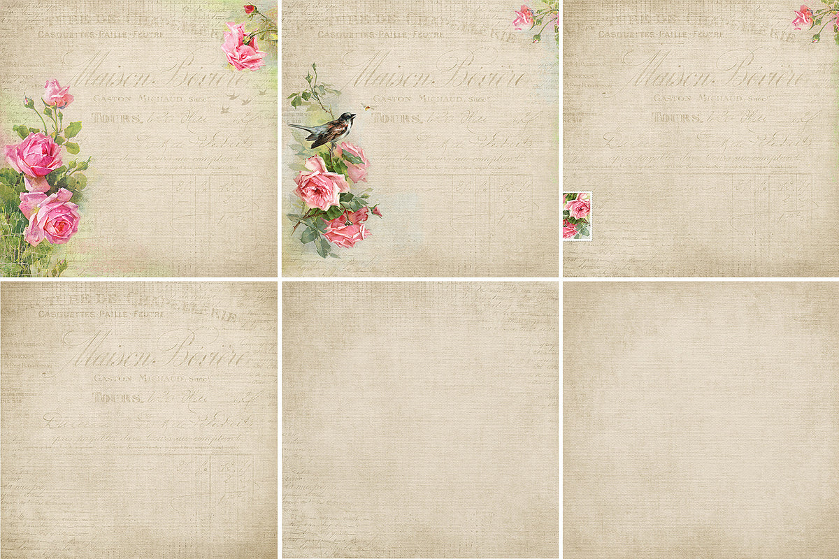 6 subtle, beautiful natural colored digital papers with roses, a bird, and vintage French elements.