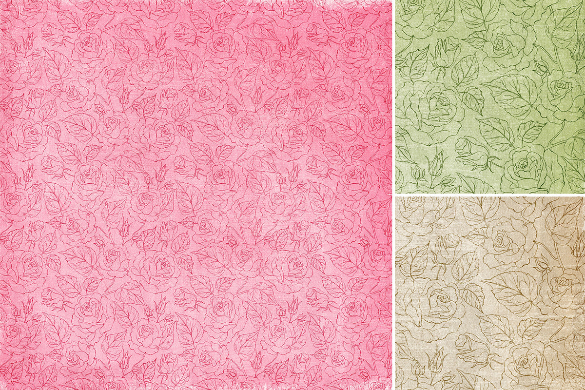 A slightly shabby digital paper with a rose pattern that has a pink, green, and tan version.