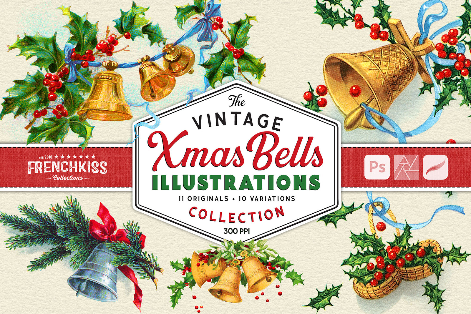 The Vintage Christmas Bells vintage illustrations digital graphic collection.