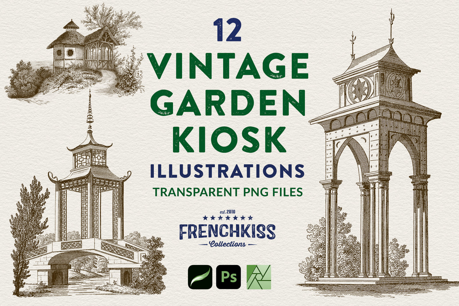 Vintage Garden Kiosks digital illustration graphics commercial license.