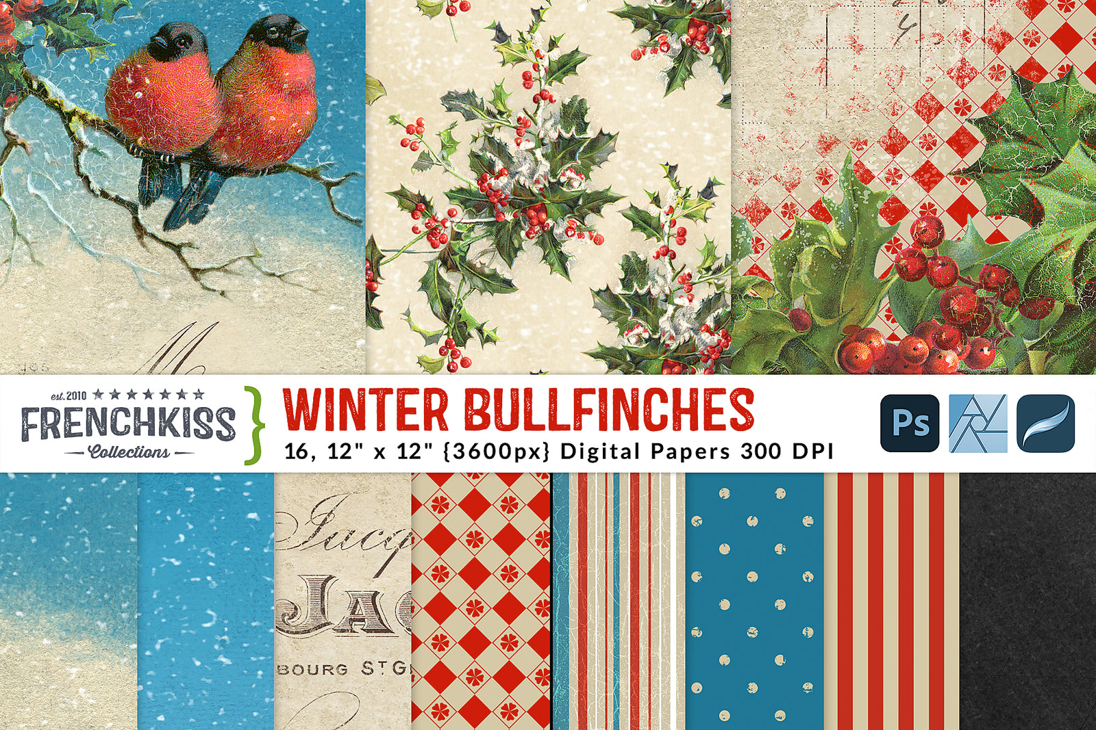 Winter Bullfinches Digital Papers featuring vintage illustrations and ephemera, holly and snow.