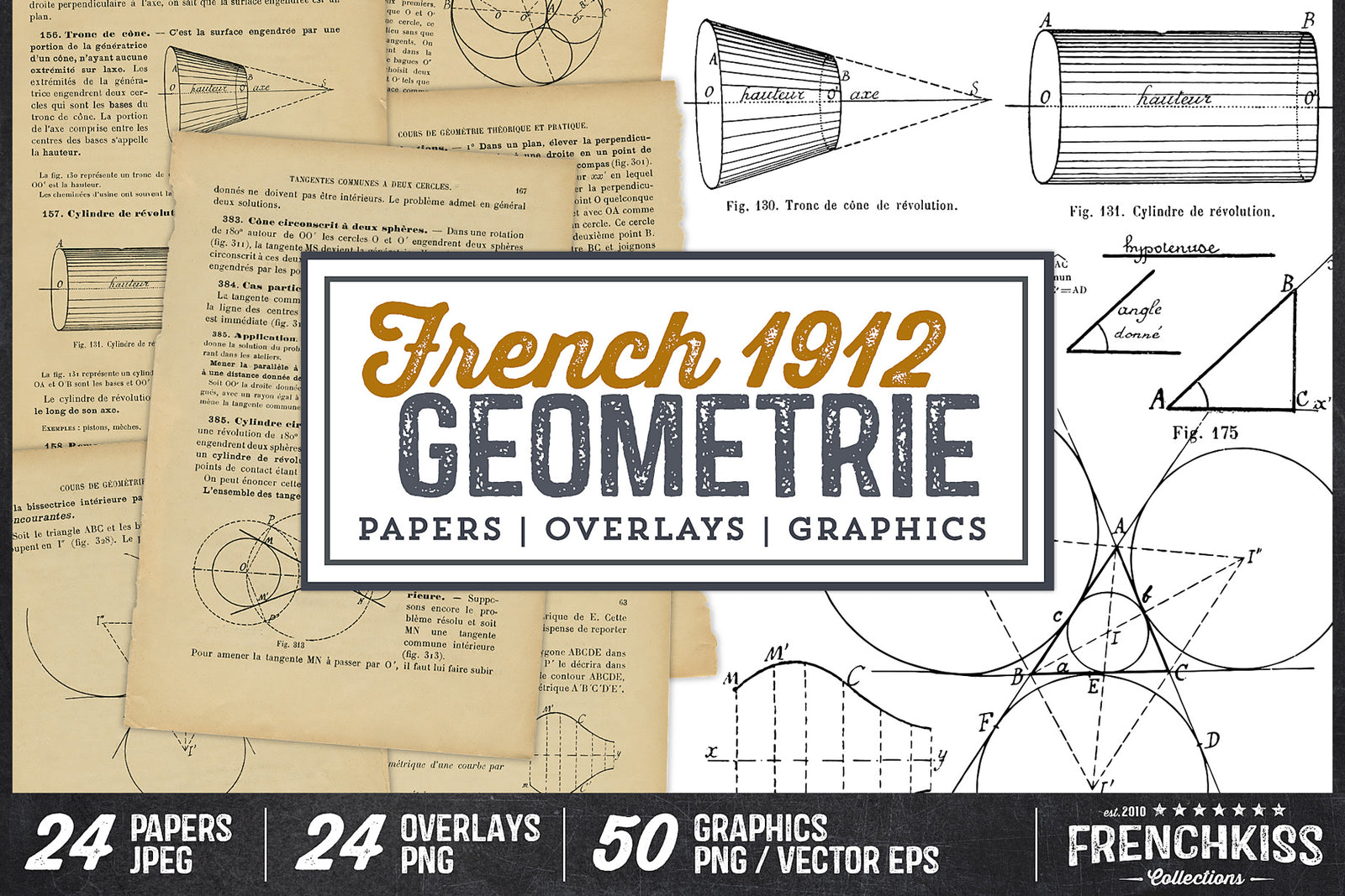 Papers, overlays and vector digital Illustrations and text from a 1912 French book on geometry. 