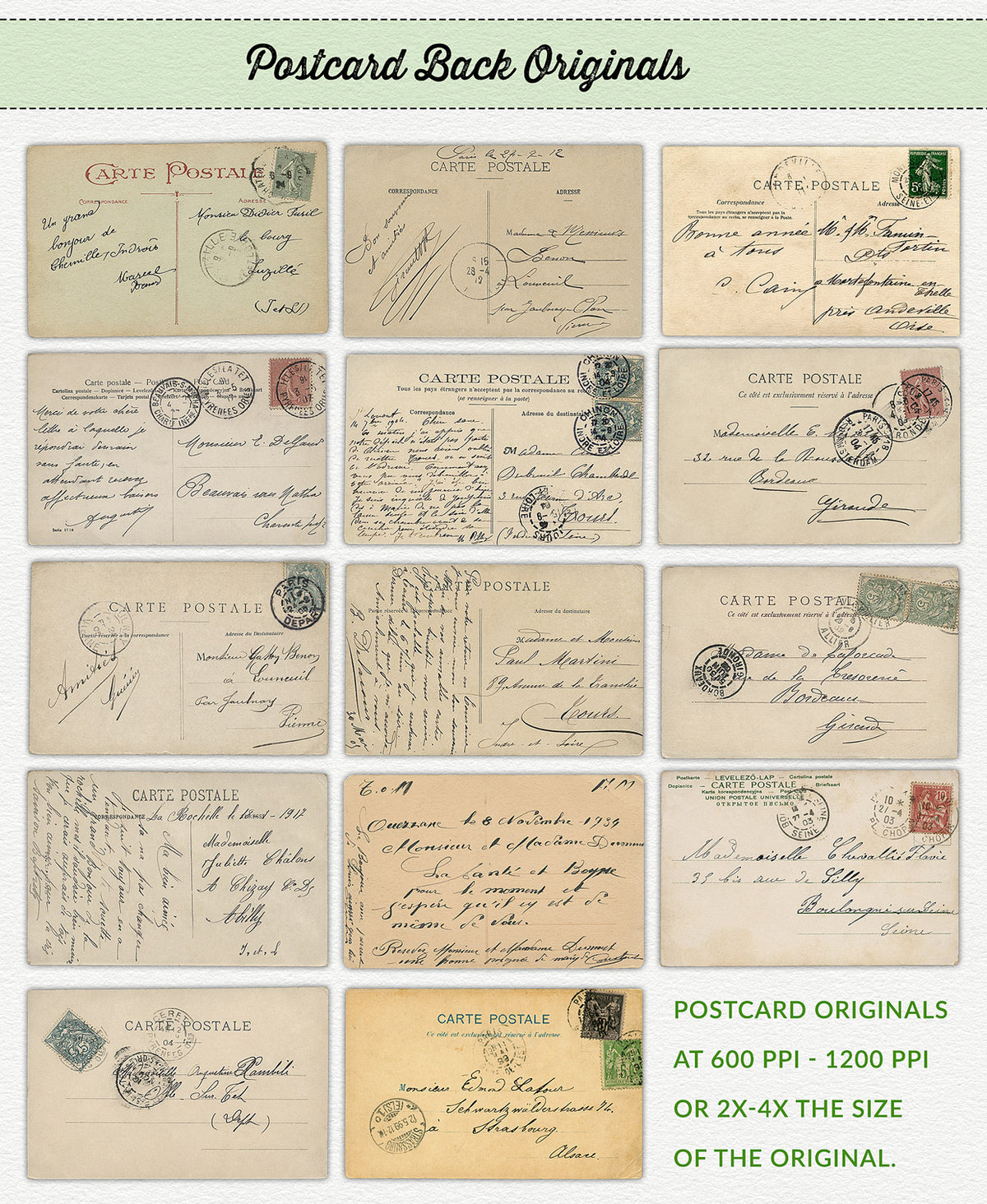 Vintage French postcard graphics from The Essential Vintage French Graphics Collection.