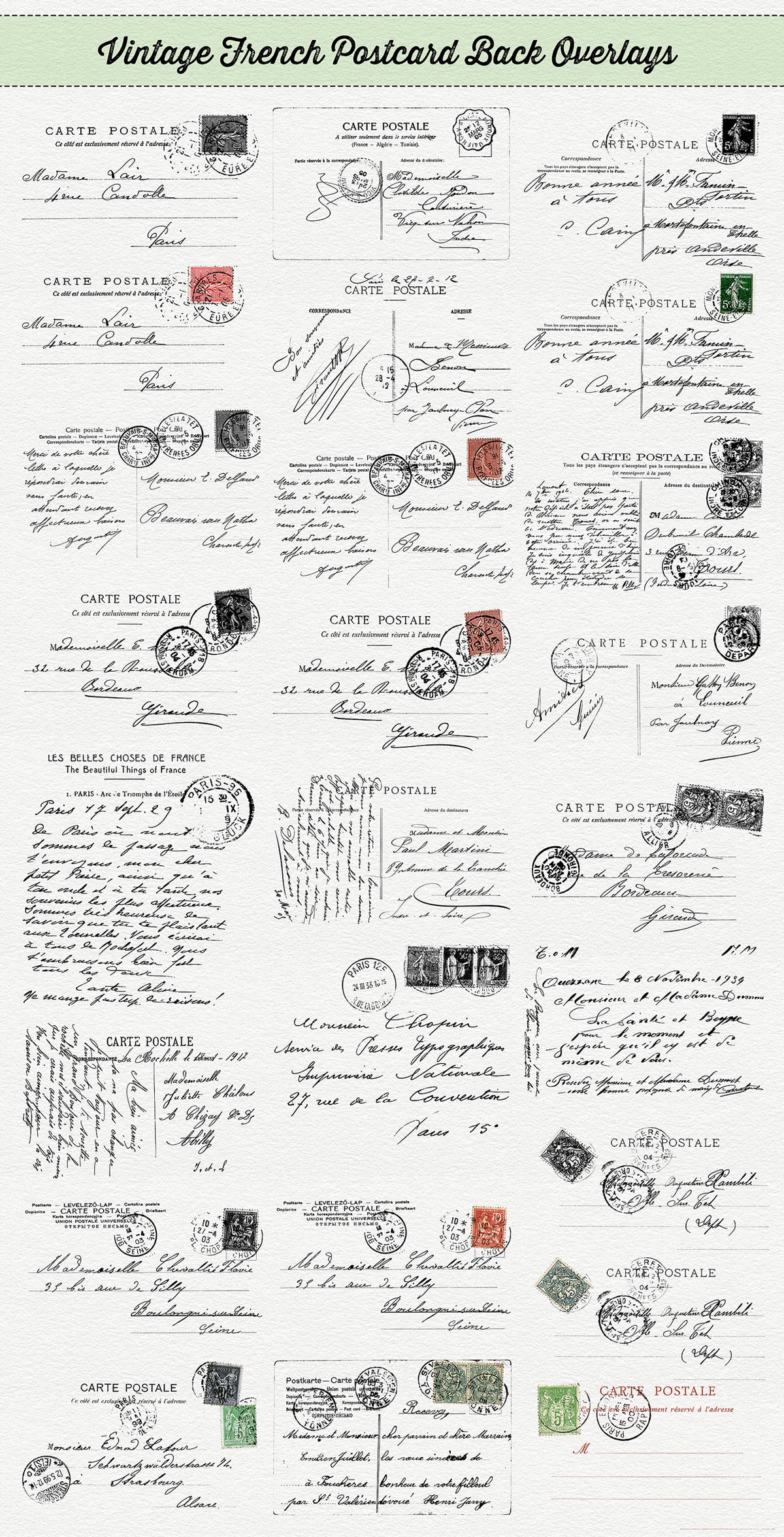 Vintage French postcard backs digital overlays from The Essential Vintage French Graphics Collection.