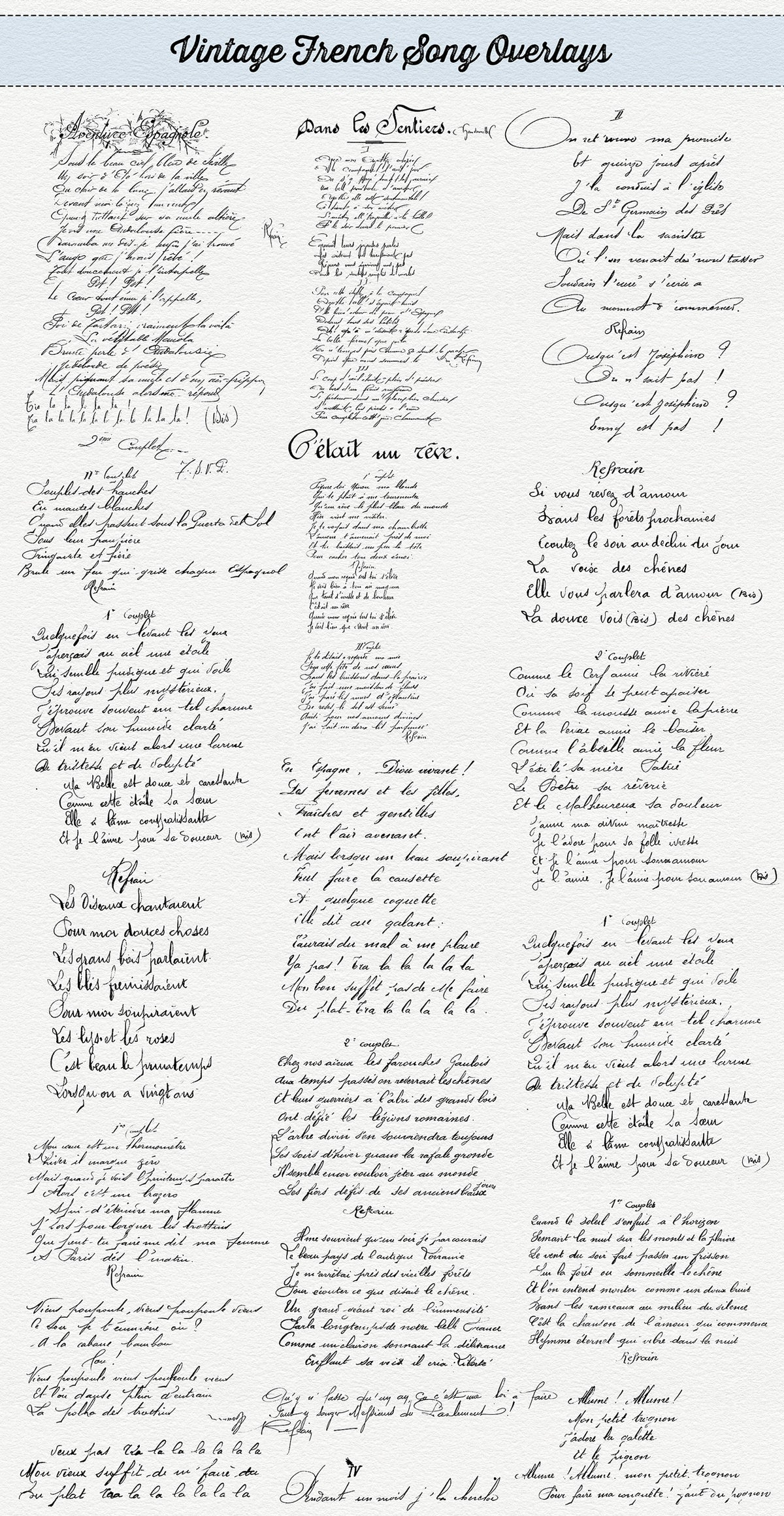 Vintage French songs script digital overlays from The Essential Vintage French Graphics Collection. 