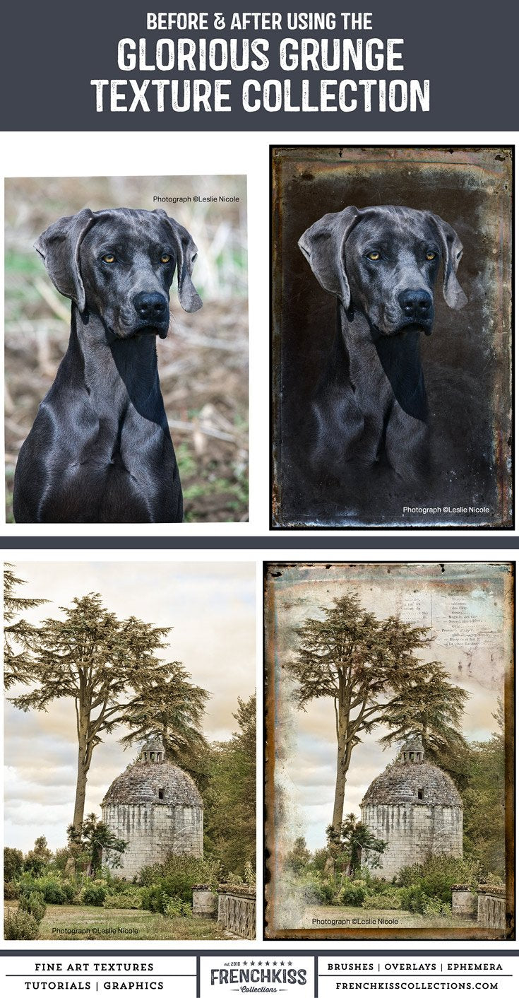 Before and after examples using the Glorious Grunge Texture collection.