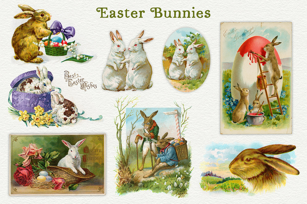 Vintage Easter Bunnies illustration digital graphics from postcards.