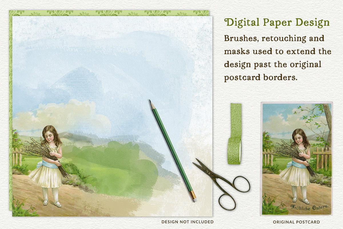 Example of a digital paper design from a vintage Easter postcard of a girl holding pussy willows.